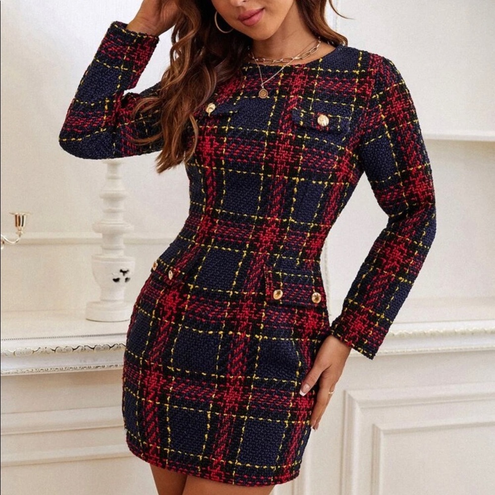 SHEIN Plaid Tweed Dress with gold buttons XS